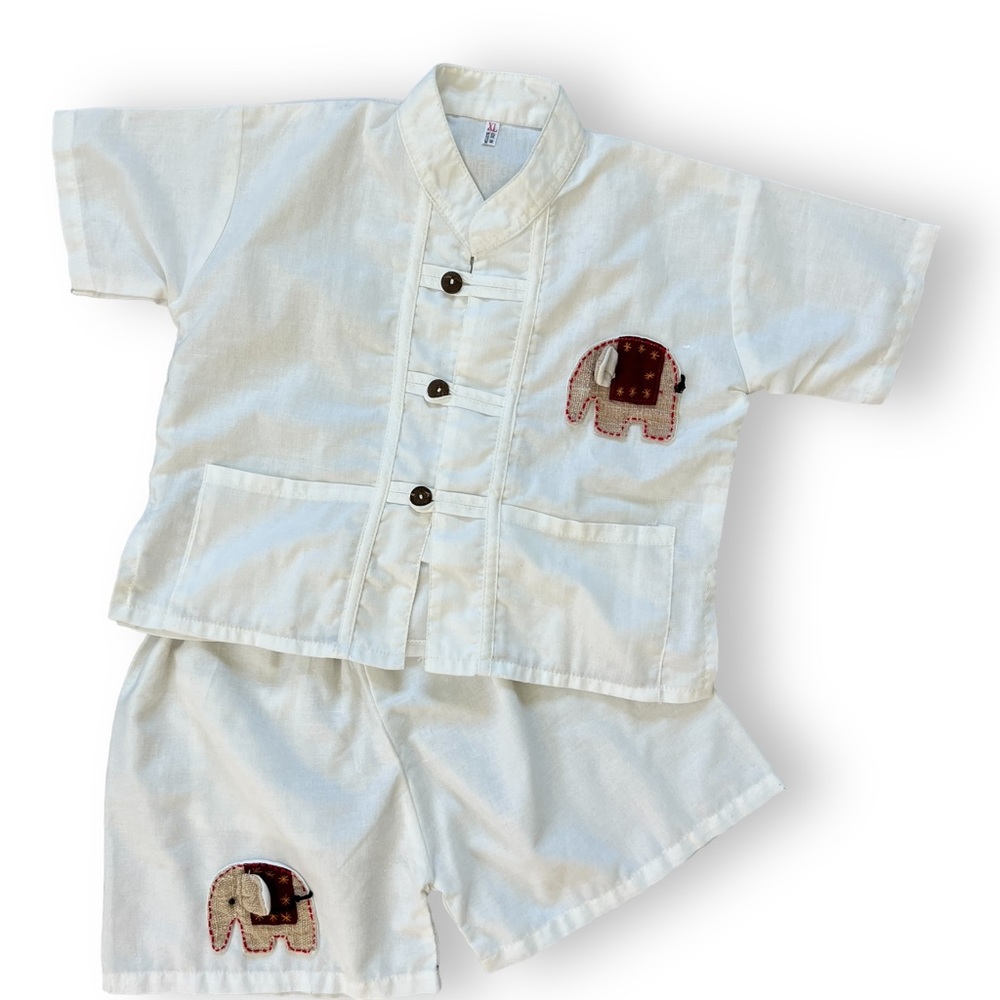 Child’s White Cotton Button Down Short Set with Elephants